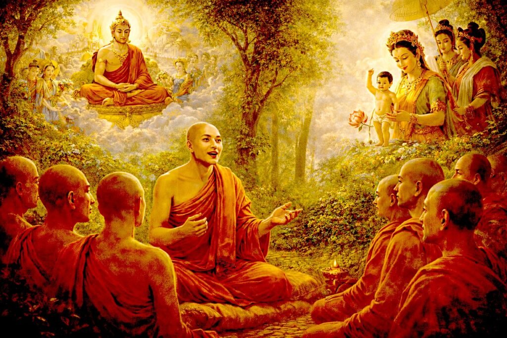 Venerable Ānanda narrating the miraculous events of the Bodhisattva’s birth to the monks, including the descent from Tuṣita heaven and the birth of Prince Siddhārtha.