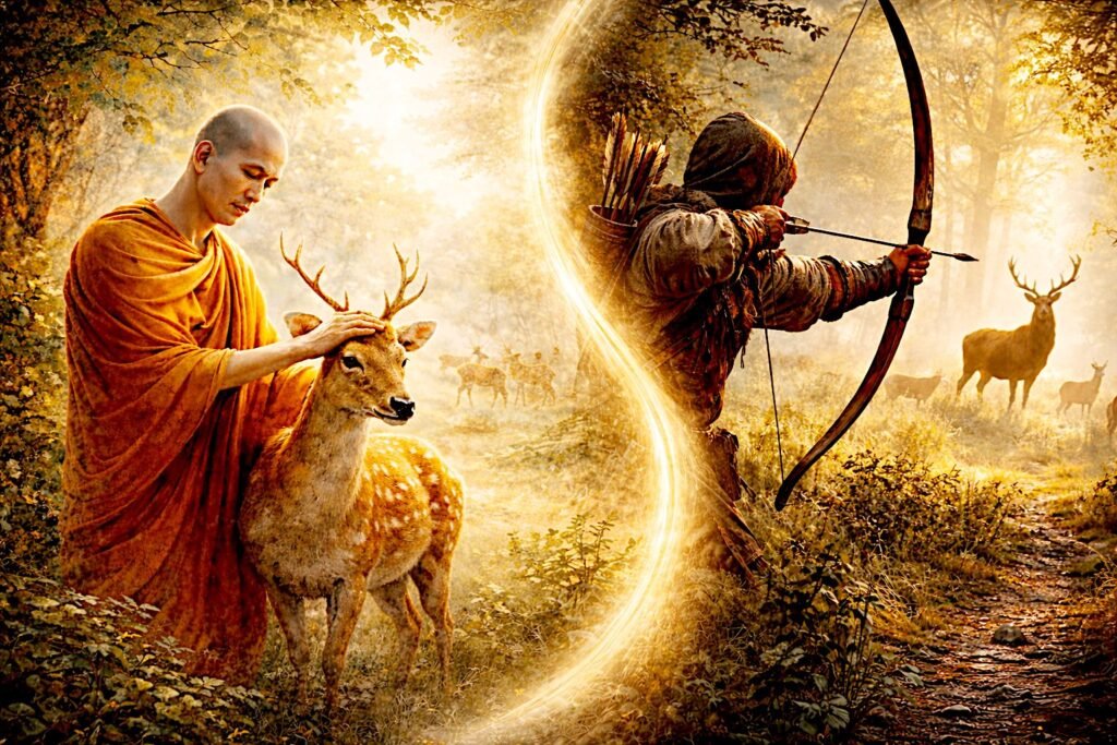 Arahant compassionately touching a deer contrasted with a hunter aiming at a herd of deer in a forest