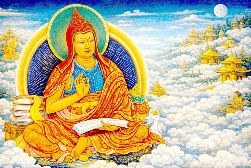 Before Esotericism: Rethinking the Origins and Meaning of the Guhyasamāja Tantra Asaṅga depicted as a Buddhist scholar holding scriptures, associated with the Yogācāra tradition and later linked to Tantric transmission narratives.