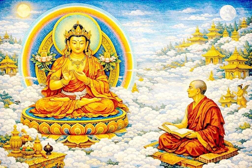 Before Esotericism: Rethinking the Origins and Meaning of the Guhyasamāja Tantra Asaṅga receiving teachings from Bodhisattva Maitreya in Tuṣita Heaven, traditionally said to be the source of transmission in Mahāyāna and Tantric traditions.