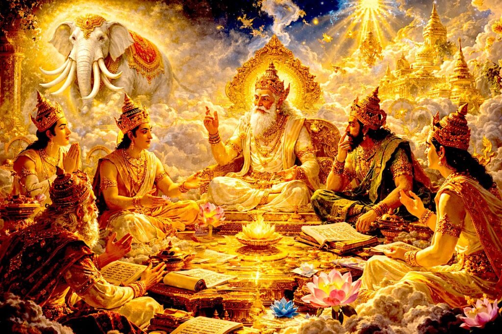 Heavenly Brahmā devas deliberating the Bodhisattva’s descent into the human world, with the six-tusked white elephant symbolically chosen as the form for entering Queen Māyā’s womb in the Lalitavistara tradition.