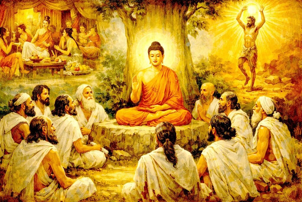 Spiritual Authority in Early Buddhism: A Comparative Study of Three Nikāya Discourses The Buddha teaching wandering ascetics while scenes of luxury and extreme asceticism appear above, symbolizing the Middle Way between the two extremes.