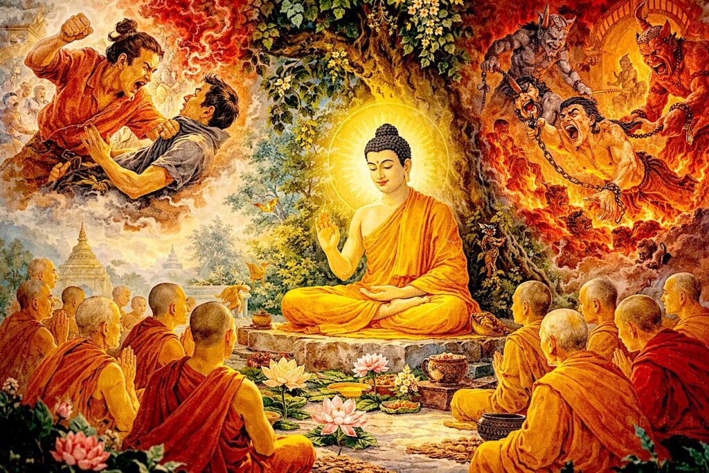 The Buddha teaching monks with scenes showing anger leading to hell, illustrating Buddhist karma and moral consequences.