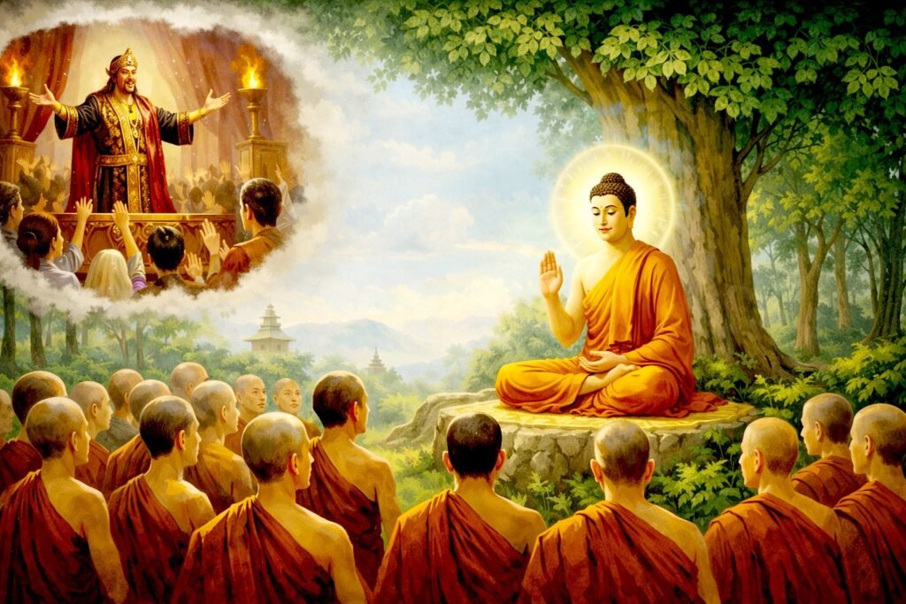 Subtle Conceit in the Spiritual Life: An Analysis of the Sappurisa Sutta (MN 113) Illustration of the Buddha teaching monks while a self-proclaimed spiritual leader displays himself before followers, symbolizing the contrast between true spiritual humility and subtle pride discussed in the Sappurisa Sutta (MN 113).