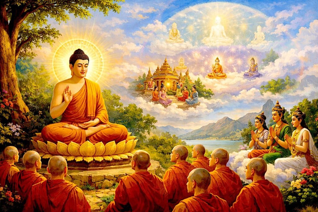 The Buddha teaching a group of monks, with heavenly beings and the Three Realms—Kāmadhātu, Rūpadhātu, and Arūpadhātu—appearing above in the sky.