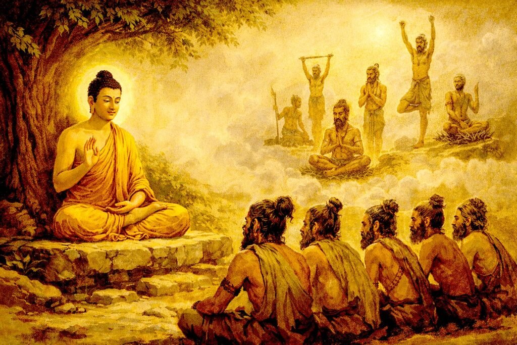 Asceticism and the Problem of Karma: A Philosophical Interpretation of the Devadaha Sutta Illustration of Gautama Buddha teaching Nigaṇṭha ascetics while scenes of extreme ascetic practices appear symbolically above, representing the critique of self-mortification in the Devadaha Sutta.