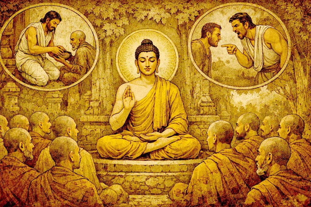 The Buddha teaching monks while two contrasting scenes above depict the same man performing charity in one moment and angrily scolding another person in the next, illustrating the moral contrast between a true person and a false person in early Buddhist ethics.