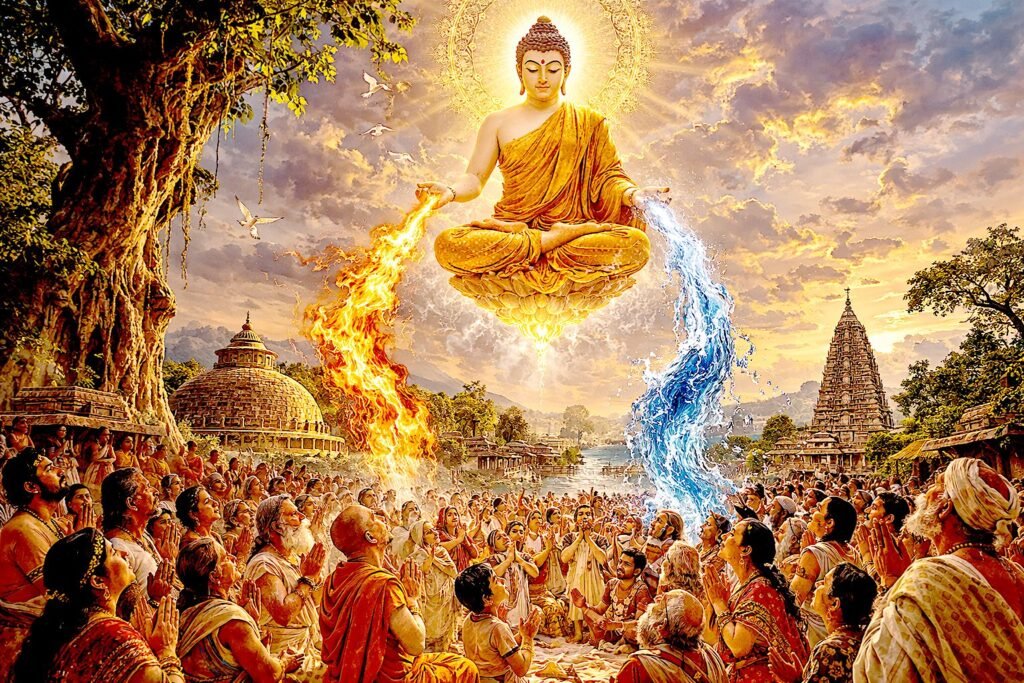 Myth, Memory, and Buddhist Historiography in Tārānātha’s History of Buddhism in India Artistic depiction of the Buddha performing the Twin Miracle at Śrāvastī, simultaneously emitting fire and water, a well-known miracle narrative in Buddhist tradition.