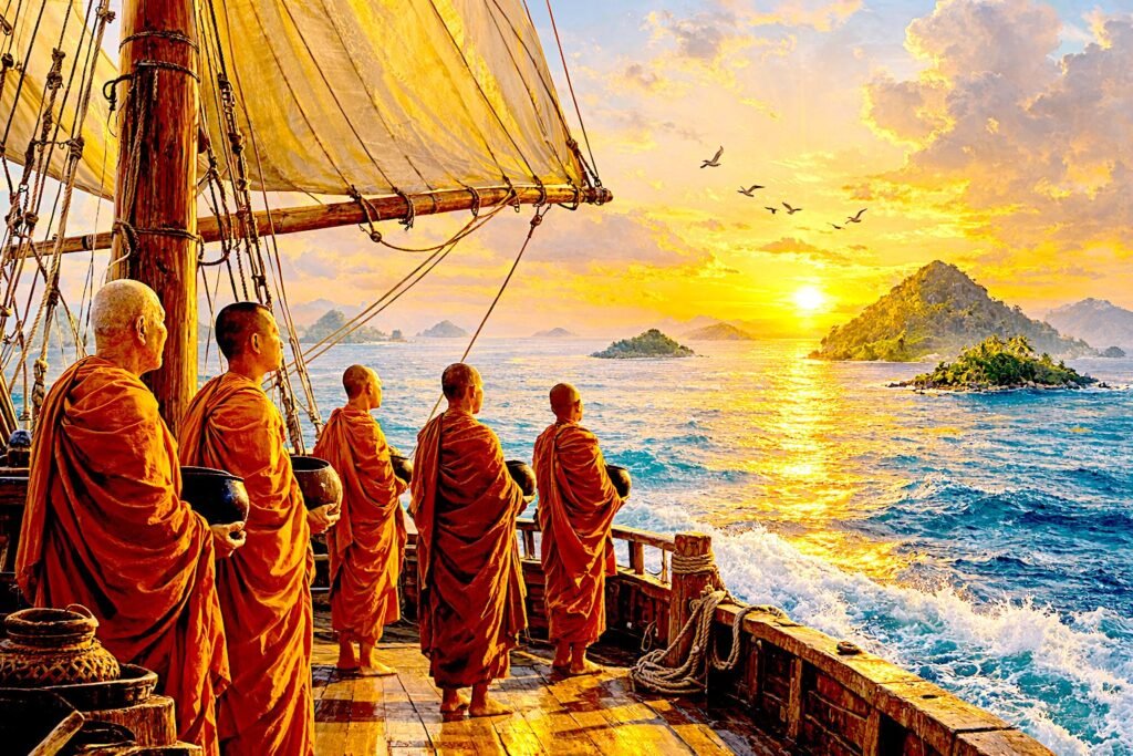 Maritime Buddhism: Vajrayāna Networks Across the Indian Ocean Buddhist monks standing on a sailing ship traveling across the Indian Ocean toward distant islands.
