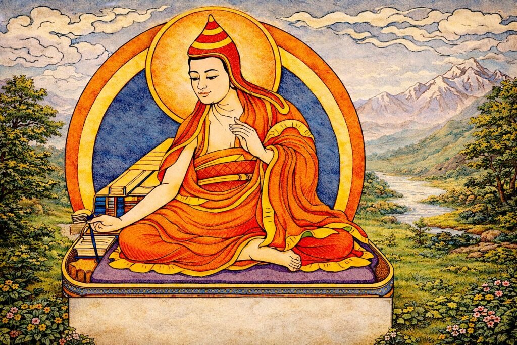 Buddhist Logic as a Discipline of Epistemic Restraint: From Perception to the Limits of Inference Illustration of Dharmakīrti, Buddhist philosopher and logician writing on manuscript, representing the development of epistemology and logical reasoning in classical Buddhist thought