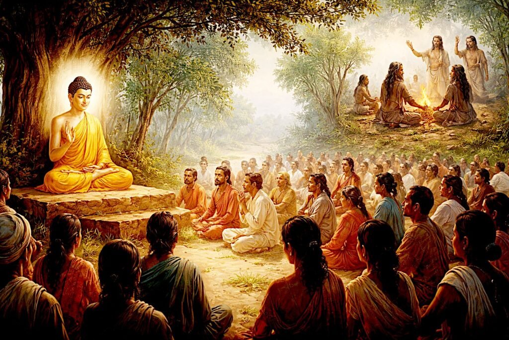 Early Buddhist Methodology through the Kālāma and Apannaka Suttas The Buddha teaching villagers while ascetic wanderers preach rival doctrines in the background, illustrating the intellectual context behind the Kalama and Apannaka Suttas in early Buddhism.