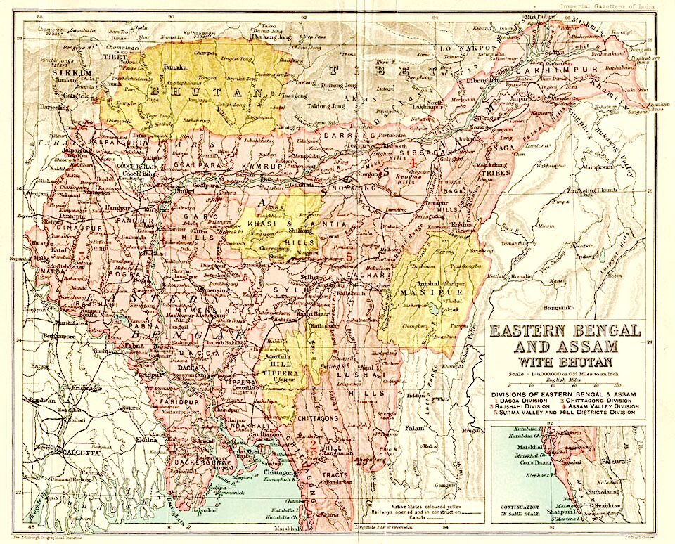 Historical map of Eastern Bengal Assam and Bhutan showing eastern Himalayan region