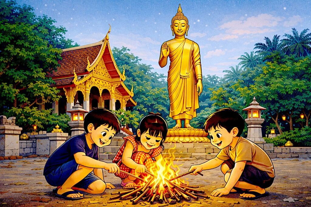 Beyond the Two Extremes: Dependent Origination and the Middle Way in the Kaccāyanagotta and Aggivacchagotta Suttas Children lighting a small fire in a temple courtyard before a standing Buddha statue, illustrating the fire metaphor used in the Aggivacchagotta Sutta to explain the cessation of conditions.