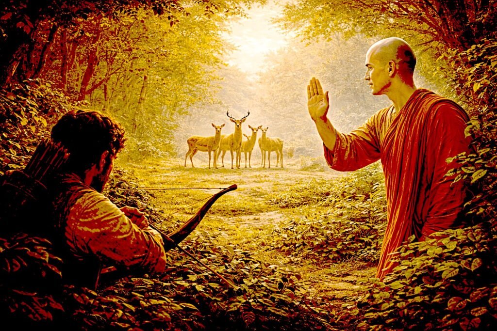 The Ten Wholesome Actions in Early and Mahāyāna Buddhism: A Structural and Doctrinal Comparison A Buddhist monk raises his hand to restrain a hunter aiming at a small herd of deer in a forest clearing at dawn, symbolizing refraining from killing.