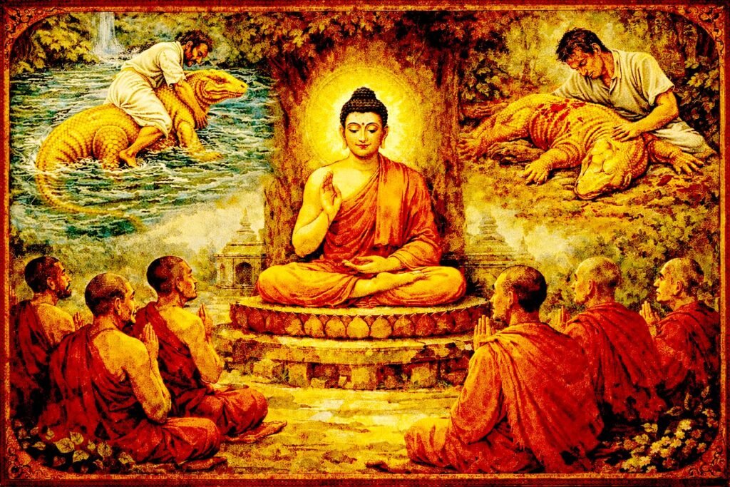 The Buddha teaching monks at Jetavana with narrative scenes showing a golden monitor lizard rescuing a drowning man and later lying dead after sacrificing itself.