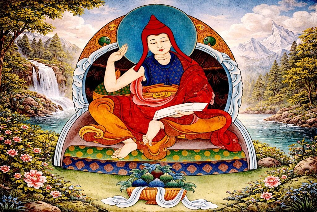 Buddhist Logic as a Discipline of Epistemic Restraint: From Perception to the Limits of Inference Illustration of Kamalaśīla, Buddhist philosopher and scholar, seated with manuscript in a natural landscape, representing the development of reasoning and epistemological reflection in Buddhist thought