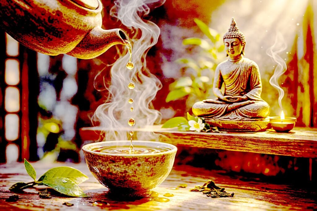 Kamma Without Fate: Intention and the Architecture of Freedom in Early Buddhism Tea droplets falling from a teapot into a nearly full cup beside a meditating Buddha statue, symbolizing the gradual accumulation of karmic intention in Early Buddhism.