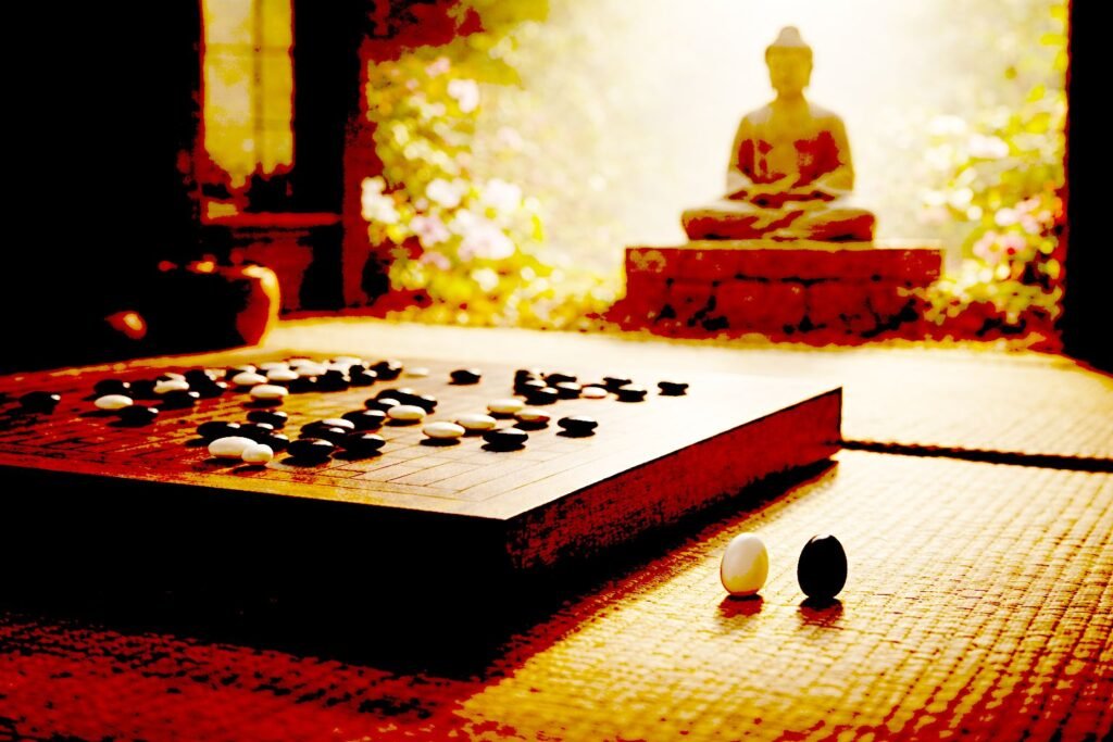 When Habit Becomes Destiny: Re-reading the Kukkuravatika Sutta A wooden Go board with black and white stones in a Zen-style Japanese meditation room; two stones stand apart on the tatami floor, with a Buddha statue seated on a raised pedestal in the background.