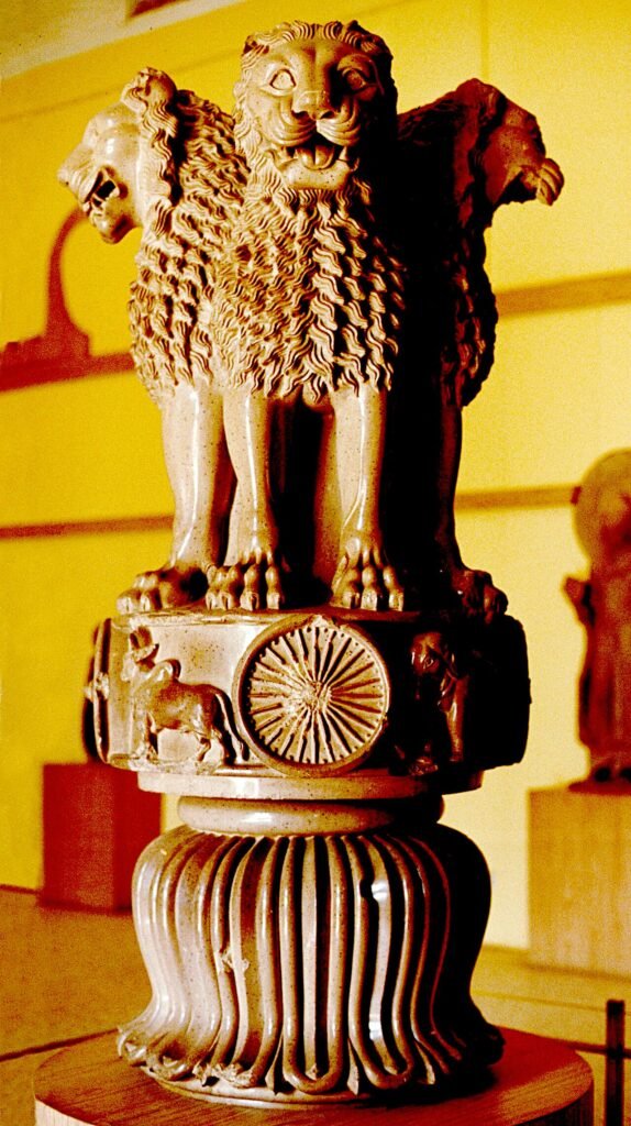 Lion Capital of Ashoka from Sarnath, Mauryan sandstone sculpture with four lions representing imperial authority and the spread of Dhamma.