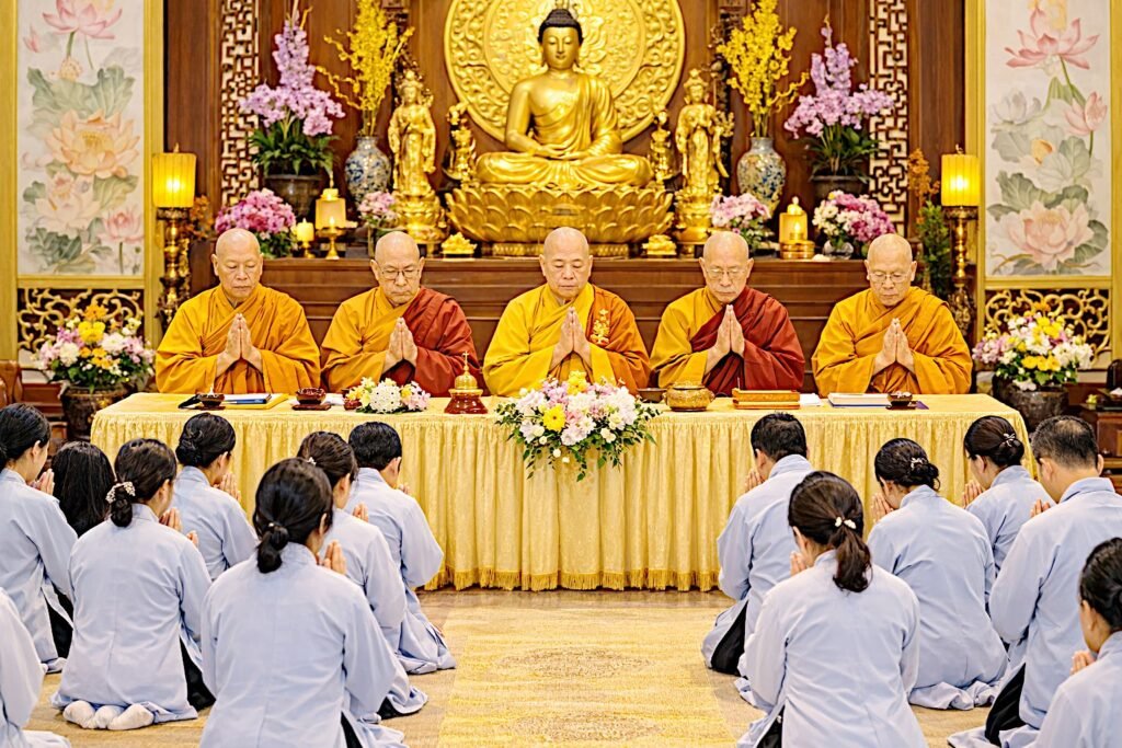 The Bodhisattva-Prātimokṣa Sūtra: Manuscript Tradition and the Structure of the Bodhisattva Discipline Mahāyāna Buddhist ritual ceremony where monks and lay practitioners participate together, illustrating the communal context in which Bodhisattva vows are transmitted.