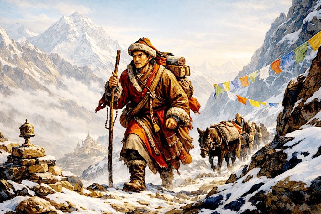 Marpa Lotsawa crossing the Himalaya on pilgrimage from Tibet to India