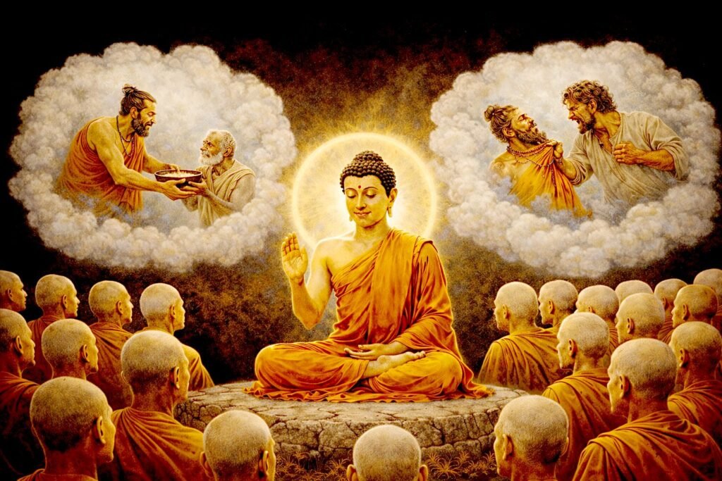 When Karma Refuses to Make Sense: Rethinking Moral Causation in the Mahākammavibhaṅga Sutta A man offers food in an act of generosity, yet is violently attacked moments later, illustrating the nonlinear nature of karma as taught in the Mahākammavibhaṅga Sutta.