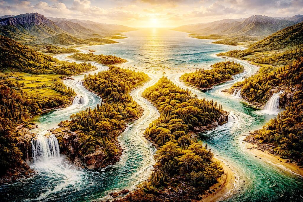 When Karma Refuses to Make Sense: Rethinking Moral Causation in the Mahākammavibhaṅga Sutta A complex network of rivers branching, converging, and flowing into the sea, symbolizing the nonlinear and interconnected nature of karmic causation.