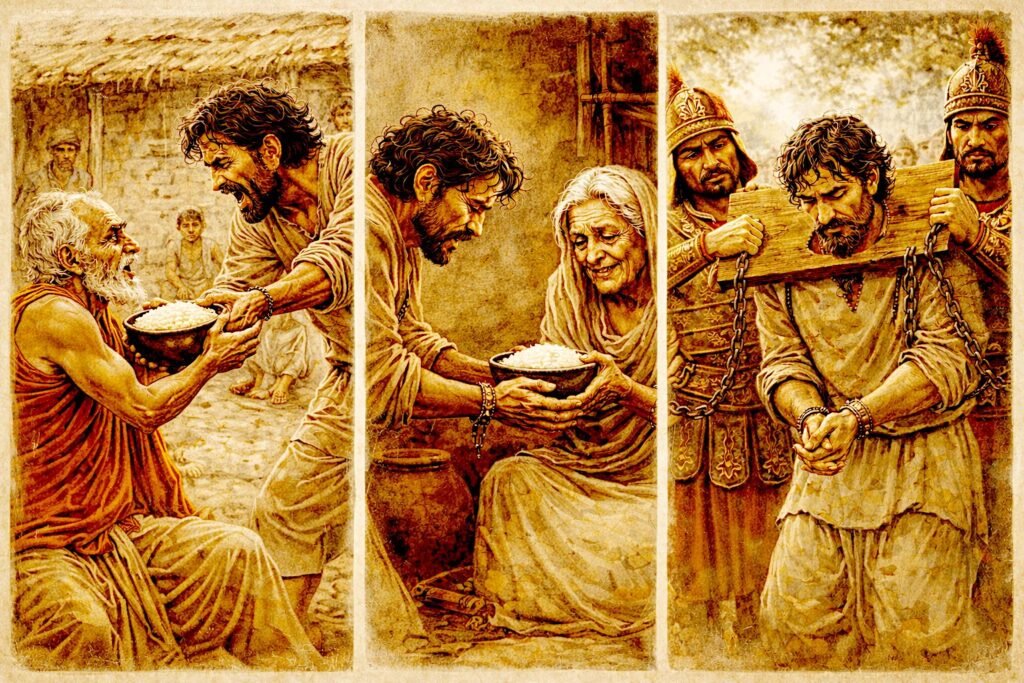 When Karma Refuses to Make Sense: Rethinking Moral Causation in the Mahākammavibhaṅga Sutta A man steals food, later gives it to his mother out of compassion, and is subsequently punished, illustrating the layered and nonlinear nature of karma and intention.