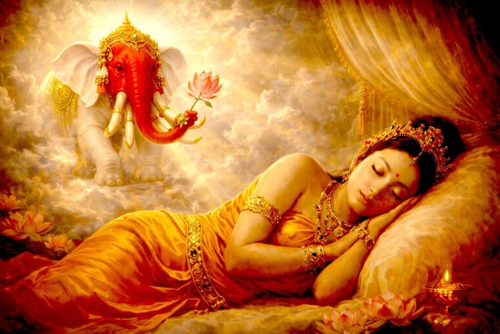Queen Māyā dreaming of a six-tusked white elephant offering a lotus flower, symbolizing the Bodhisattva’s descent into her womb in the Abhiniṣkramaṇa Sūtra tradition.