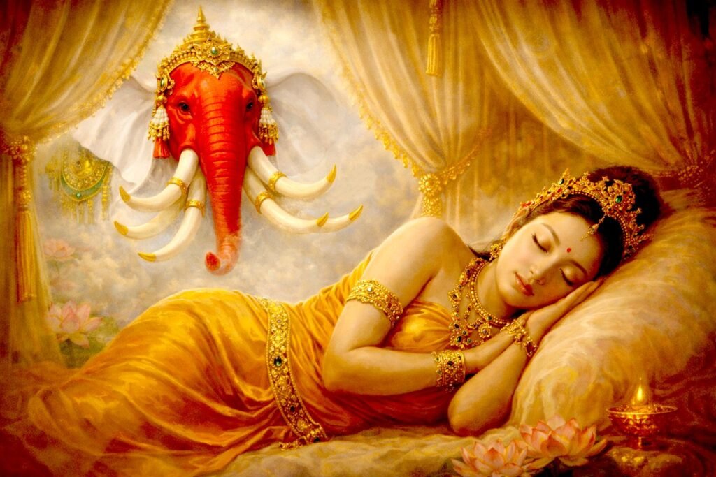 Queen Māyā dreaming of a six-tusked white elephant with a red head descending from the heavens, symbolizing the Bodhisattva’s conception in the Mahāvastu tradition.