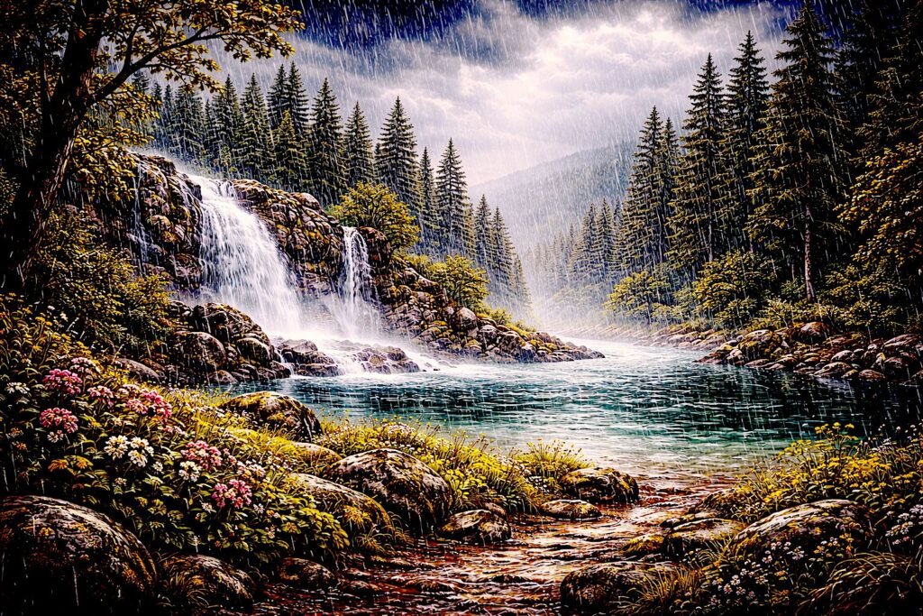 Buddhist Logic as a Discipline of Epistemic Restraint: From Perception to the Limits of Inference Rain falling over a mountain river and waterfall, symbolizing the condensation of unseen water vapor and the limits of perception in understanding reality