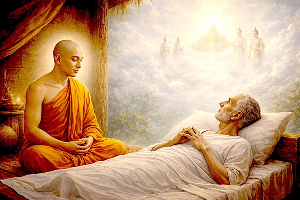Skillful Means in Buddhist Thought: From the Dhanañjāni Sutta to the Lotus Sūtra and the Vimalakīrti Nirdeśa Sariputta teaching the dying brahmin Dhananjani while a vision of the serene Brahma realm appears above.