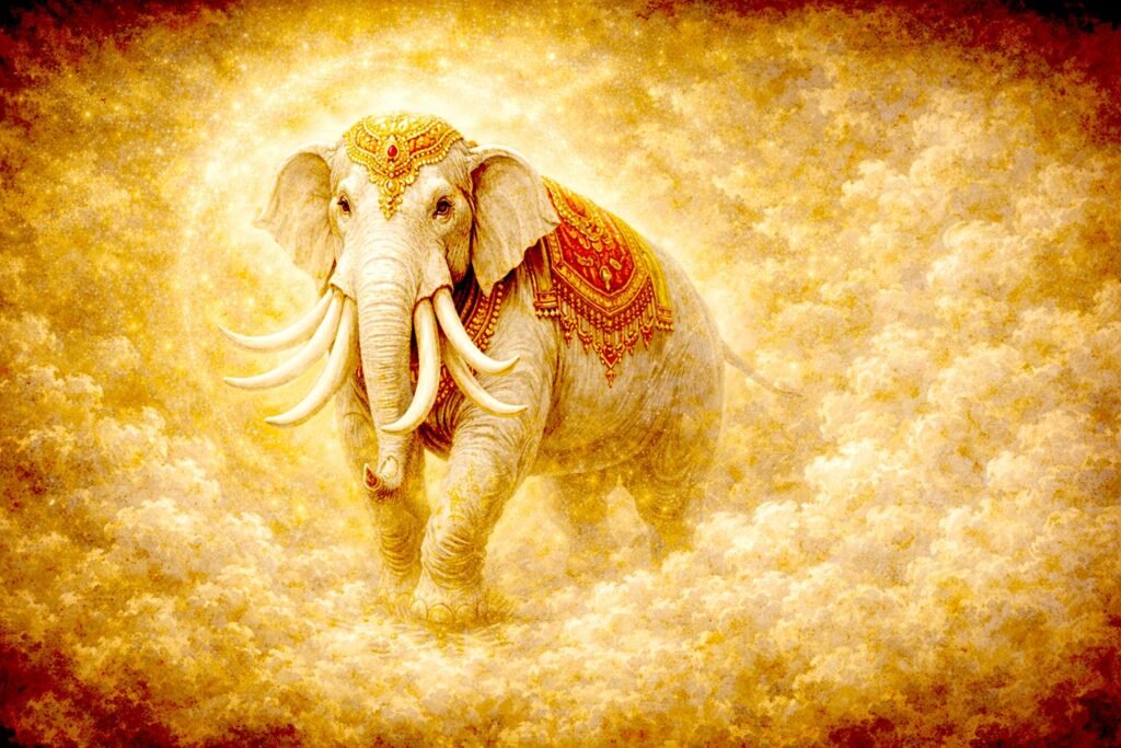 Six-tusked white elephant descending from the heavens in Queen Māyā’s dream, a symbolic motif in later Buddhist biographies describing the Bodhisattva’s conception.