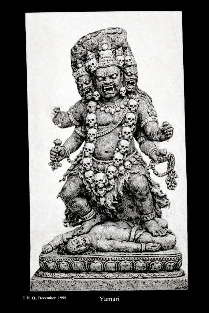 Yamāri before Yamāntaka: A Wrathful Manifestation of Mañjuśrī in Early Vajrayāna Three-headed Yamari wrathful tantric Buddhist deity standing on a corpse, digital reconstruction of the Dacca statue described by Sanyal in 1929