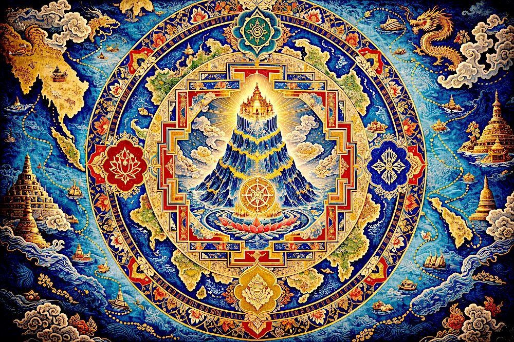 The World as Mandala: Sacred Geography in the Late Vajrayāna World Tantric Buddhist mandala centered on Mount Sumeru representing sacred geography in the Vajrayana cosmological world