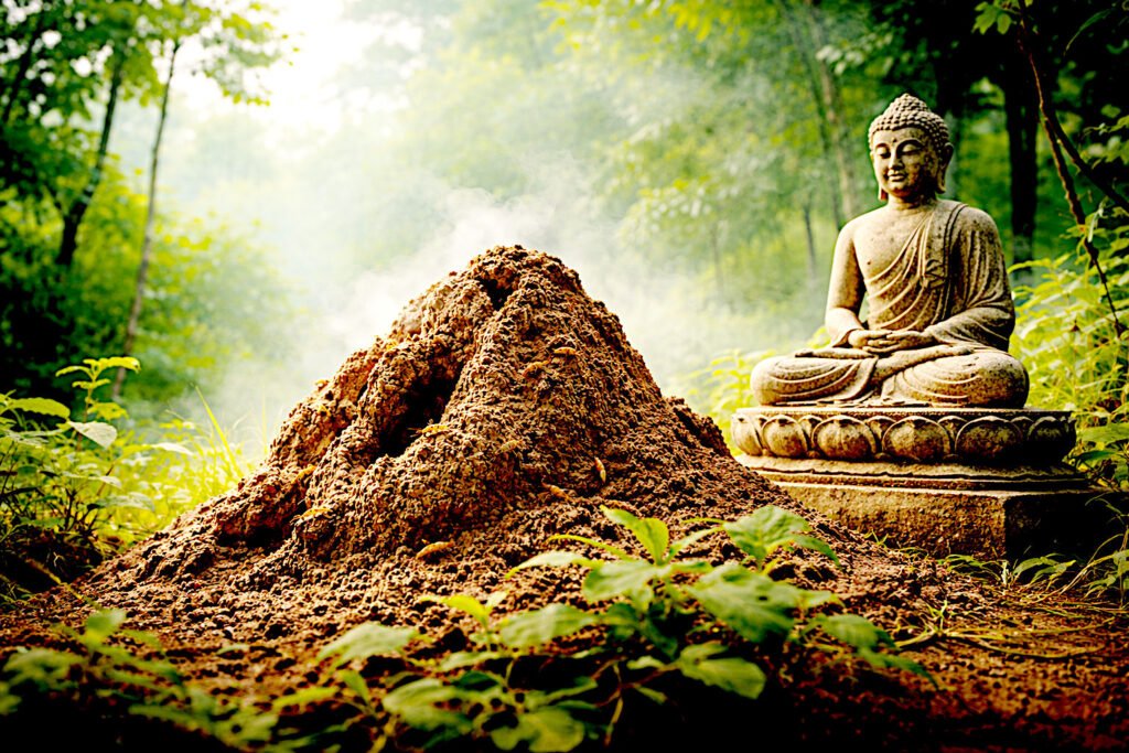 Sudden Awakening and Structural Maturation: Rethinking the Vammika Sutta Meditating Buddha statue near a brown termite mound in soft green dawn light, symbolizing dependent origination in the Vammika Sutta.